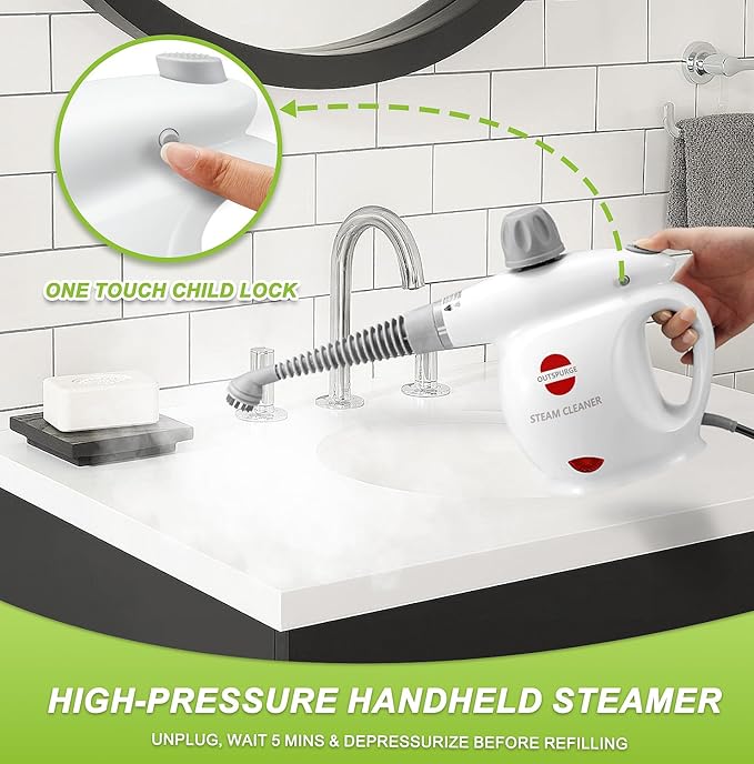 Handheld Steam Cleaner, Pressurized Multi-Surface Steam Shot with 13 Accessories, Safety Lock, Steamer for Cleaning Floor, Upholstery, Grout, Windows, Couch and Car, White