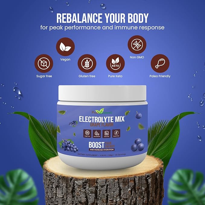Electrolyte Powder - Refreshing Workout Recovery Electrolytes, Sugar Free, Gluten Free & Vegan, Pure Keto & Paleo Hydration Beverage, Immune Boosting Vitamins (198 Grams, Grape)