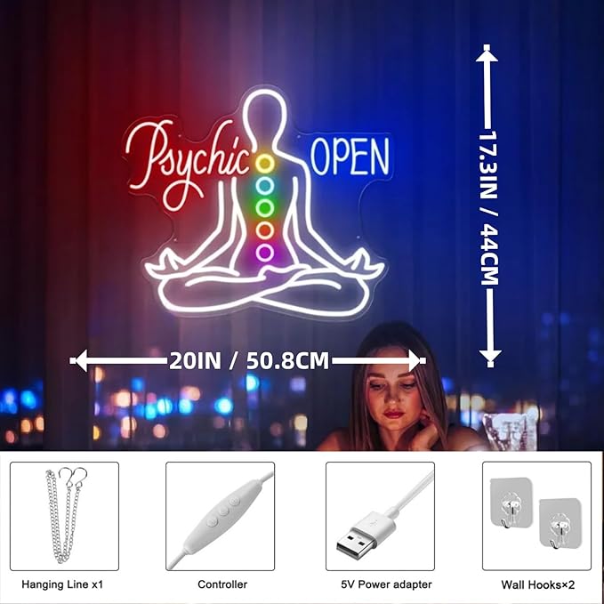 Psychic Open Neon Sign Charka Neon Light, Yoga Led Sign, Exercise Room Wall Decor, Buddha Lotus, Pilates Studio Art Meditation Room Wall Art Yoga Lover Gift, Psychic Chakras Healing Exercise