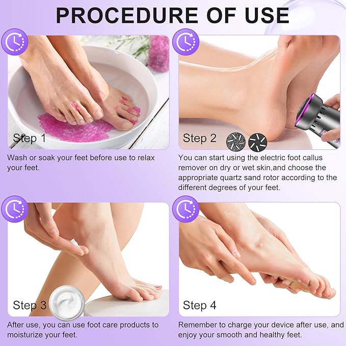 2025 Electric Foot Callus Remover, Rechargeable Pedicure Tool, Stainless Steel Heads for Dry Heels (Gray Purple)
