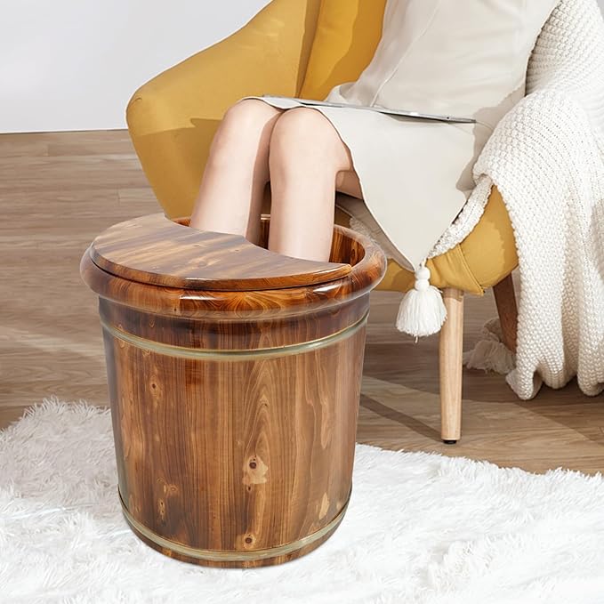 Eapmic Wooden Foot Bath Bucket with Massage Rollers and Lid, Feet Massage Barrel, Solid Wood Round Foot Soak Tub, Home Sauna Feet Basin, Pedicure Barrel for Spa, Massage, Sauna (C)