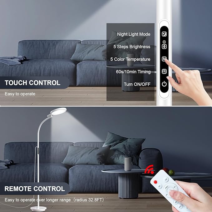 Light Therapy Lamp 10000 Lux, LED UV-Free Sunlight Lamp, Full Spectrum Floor Happy Therapy Lamp with Remote for Home/Office/Reading/Relaxation (WhiteA)