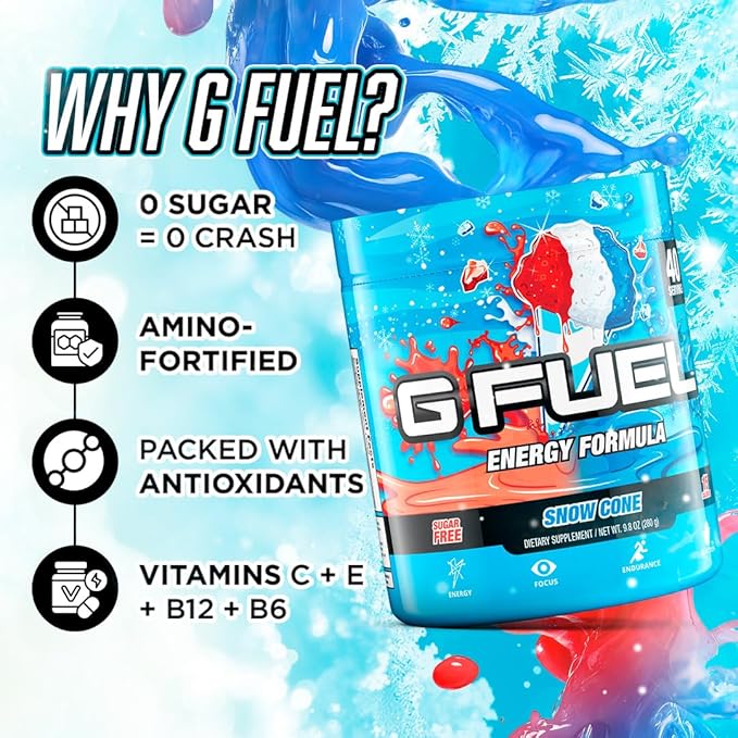 G Fuel Snow Cone Energy Drink Powder, Pre Workout Caffeine Mix for Gaming, Sugar Free Focus Amino, Vitamin + Antioxidants, 9.9oz (Snow Cone, 40 Servings)