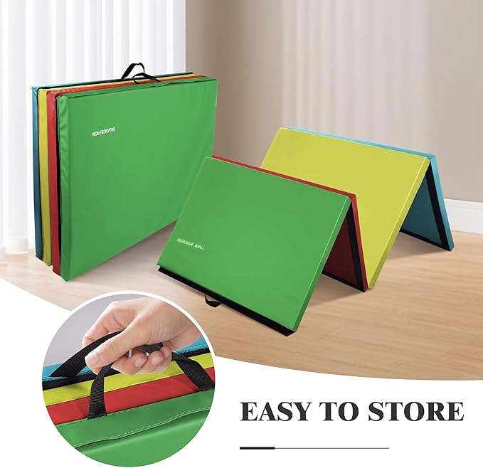 Folding Exercise Gymnastics Mat 4'x8'x2" Gym Workout Mat with Carrying Handles High-Density Anti-Tear Portable Fitness Aerobics Mats for Home Gym Yoga Pilates Tumbling MMA Core Training, Multiple Colors