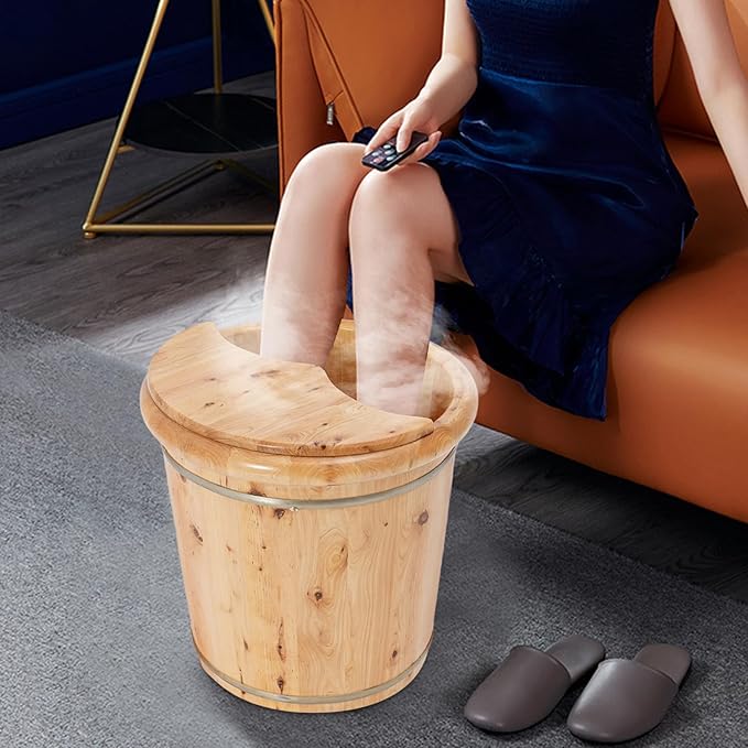 Wooden Footbath Bucket with Lid, Foot Bath with Stool Foot Massager Tub Basin Wooden Pedicure Soak to Relieve Stress Pedicure Bowl Footbath Barrel for for Home Spa Experience (Wood)