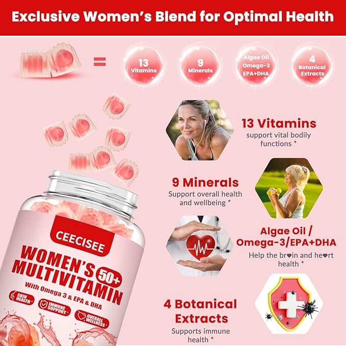 Vitamin Gummies for 50+ Women: Organic Vegan Multivitamin with Iron Omega3 B12 D3 Biotin Zinc Ashwagandha for Hair Skin Health Energy Immune Support - Sugar Free Chewable Supplement(120Count)