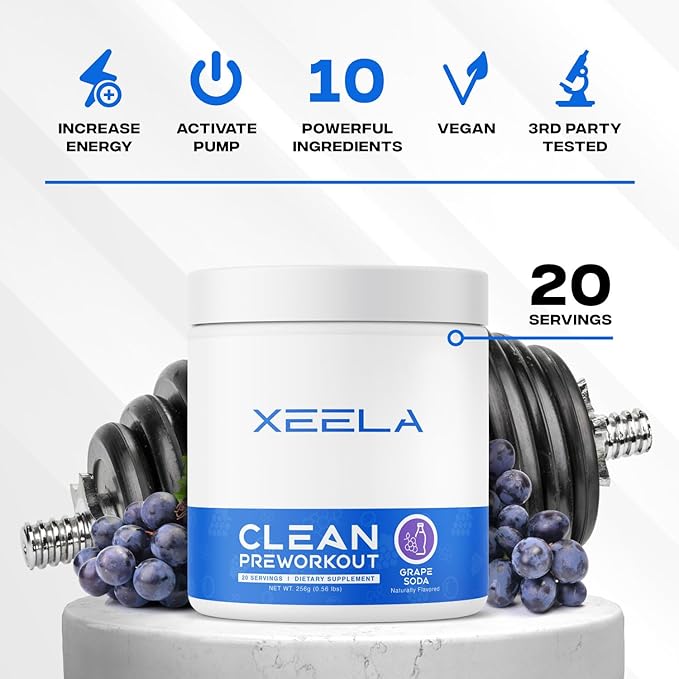 XEELA Pre Workout Powder - Clean & Tested - Jitter Free, Safe, and Natural - Increase Thermogenic Energy, Focus, and Endurance w/Creatine, Organic Caffeine, and Plant Based Citrulline (Grape Soda)