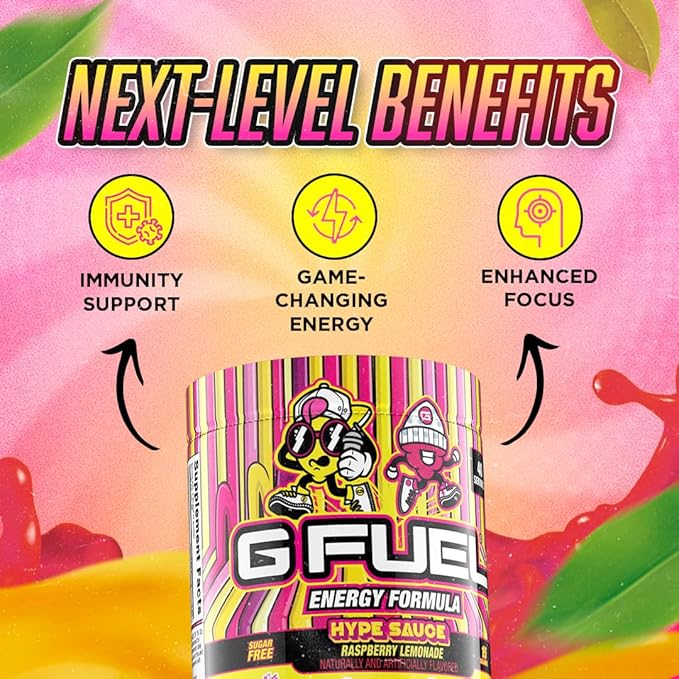 G Fuel Hype Sauce Energy Drink Powder, Pre Workout Caffeine Mix for Gaming, Sugar Free Focus Amino, Vitamin + Antioxidants, 9.9oz (Raspberry Lemonade, 40 Servings)