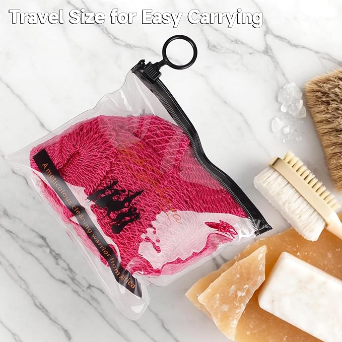 SubSahara Authentic African Net Sponge - 2 Pieces Exfoliating Scrubber for All Skin Types, Bath Sponge for Face & Body, Travel Portable, Durable, Gentle Exfoliation (Black & Pink)