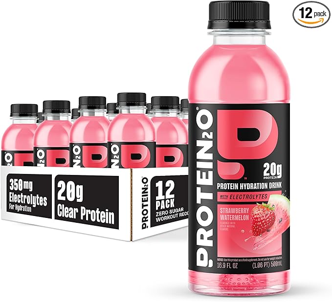 Protein2o Hydration Drink - 2-in-1 Liquid Clear Whey Protein Isolate and Electrolyte Drink - 20g Protein, Vitamins B5, B6 - Post-Workout Recovery - 16.9 Fl Oz - 12 Count Strawberry Watermelon