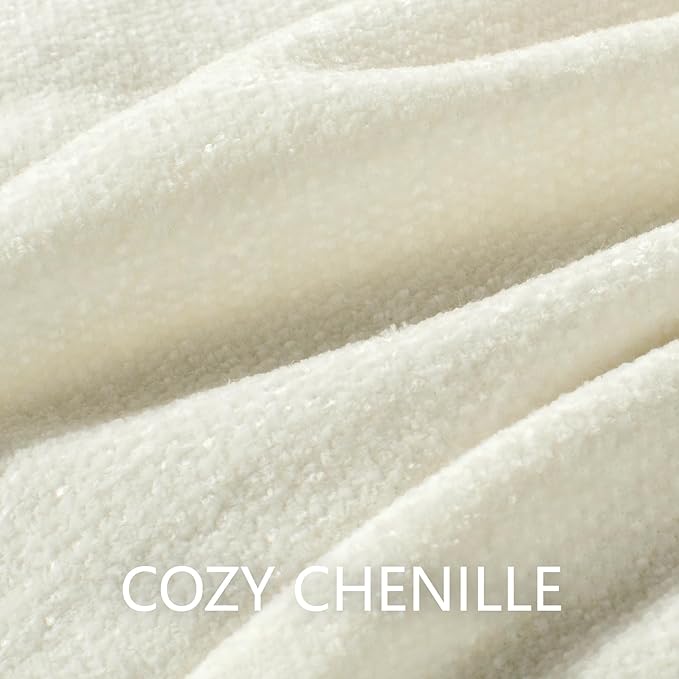 Chenille Throw Blanket for Couch 50"X 60", Soft Cozy Throws with Fringe Tassel for Bed Sofa Chair Cover, Lightweight Knitted Decorative Boho Blankets for Living Room, Ivory White