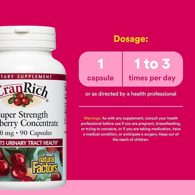 CranRich by Natural Factors, Super Strength Cranberry Concentrate, Antioxidant Supplement for Urinary Tract Support, Non-GMO, 90 Capsules