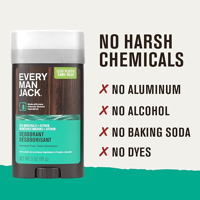 Every Man Jack Sea Minerals + Citron Men’s Deodorant - Stay Fresh with Aluminum Free Deodorant For all Skin Types - Odor Crushing, Long Lasting, with Naturally Derived Ingredients - 3oz (2 Pack)