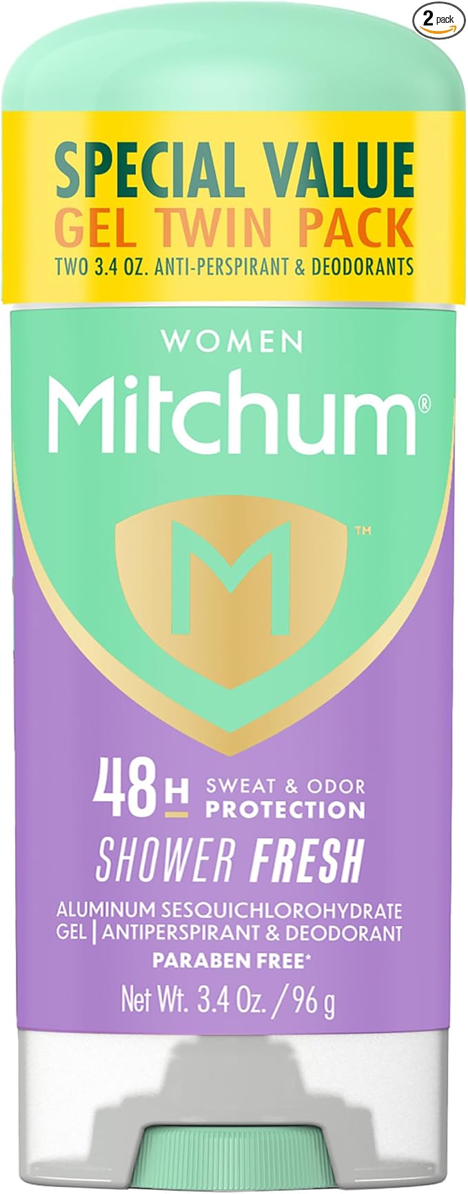 Mitchum Women’s Antiperspirant Deodorant Gel Stick, Shower Fresh Scent, 48HR Sweat & Odor Protection, Triple Odor Defense, Alcohol-Free, 3.4 oz (Pack of 2)