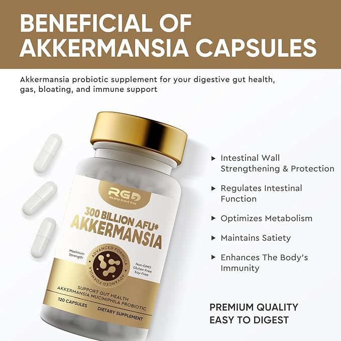 RGD 120 Capsules GLP-1 Akkermansia Probiotics 300 Billion AFU, Prebiotics and Probiotics Muciniphila for Immune & Overall Digestive Health, Gut Supplement for Men & Women