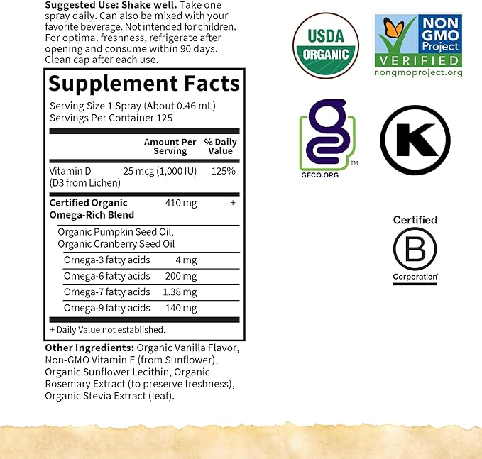 Garden of Life Organics Vegan Vitamin D3 for Women and Men, Liquid 1000 IU Per Spray, D3 Plus Omegas - Vanilla Flavor - 125 Servings - 2fl oz Liquid Whole Food Vitamin Supplement
