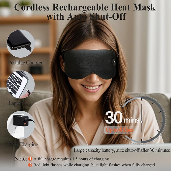 Heated Eye Mask, Vowleike Silk Cordless Washable Warm Eye Compress for Dry Eyes, Electric Temperature Controllable Eye Heating Pad for Stye, Drain and Fatigue Eyes, Thoughtful New Year Gift (Black)