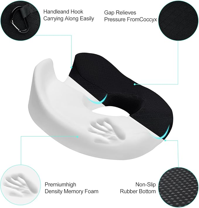 Donut Pillow Chair Seat Cushion, Memory Foam Firm Coccyx Pad Donut Cushion for Long Sitting, Office Chair, Gaming Chair and Car Seat Cushion - Black 15.5 * 17.5 * 5.5in