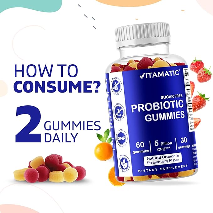 Vitamatic Sugar Free Probiotic Gummies for Men and Women – 5 Billion CFUs - 60Gummies per Bottle | 2 Pack (120 Gummies) Digestive, Immune & Gut Health Support – Gluten Free