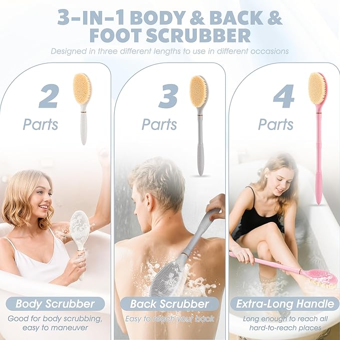 New Back Scrubber Anti-Slip for Shower, 18.9‘’ Adjustable Shower Back Scrubber with Dual-Side Head & Soft Bristles, Extra-Long Shower Brush Bath Brush for Lathering Cleansing(White-L)
