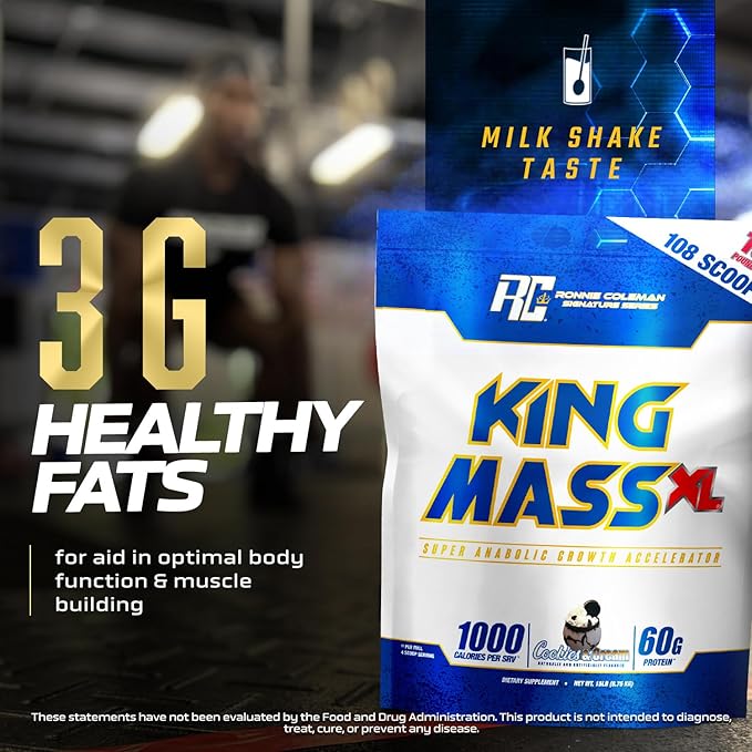Ronnie Coleman Signature Series King Mass XL Mass Gainer Protein Powder, Muscle Gainer, 60g Protein, 180g Carbohydrates, 1,000+ Calories, Creatine and Glutamine, Cookies N' Cream, 15 Pound