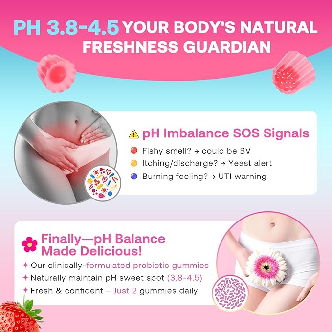 Feminine Balance Gummies for Women, Premium Ph Balance Gummies with Probiotic for Vaginal Flora Balance, Immune Support Supplement, Gluten-Free, Strawberry Flavor with Liquid Filled, 60 Count