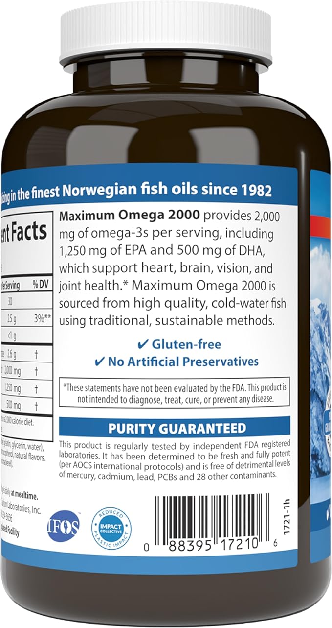 Carlson - Maximum Omega 2000, 2000 mg Omega-3s, Healthy Heart, Brain Function & Vision Support, Lemon, 90 soft gels