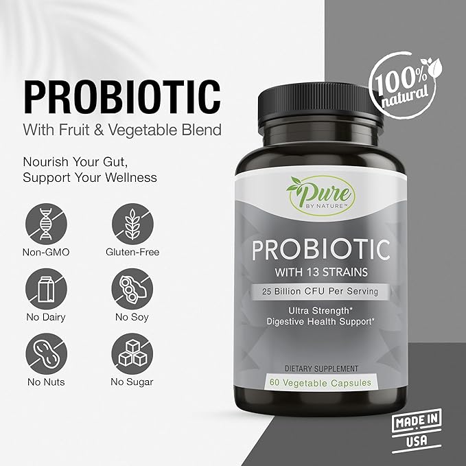 Pure By Nature Probiotics for Women & Men, 13 Strains with 25 Billion CFU, Probiotics for Digestive Health, Gut Health, Immune Support, Bloating & Constipation, Vegan & Shelf-Stable, 60 Capsules