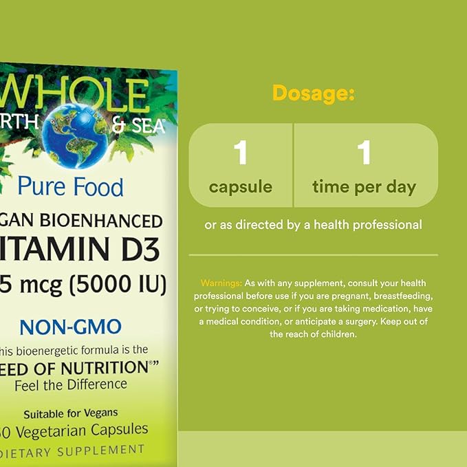 Natural Factors Whole Earth & Sea Vitamin D3 125mcg (5,000 IU), Vegan Bioenhanced, 60 Vegetarian Capsules