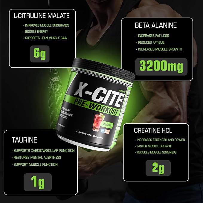 X-CITE Pre-Workout by ATHLEAN-X - Enhanced Formula with Beta-Alanine, Creatine & Caffeine for Ultimate Energy, Endurance, Focus & Muscle Pump, NSF Certified for Sports (22 Servings, Fruit Punch)