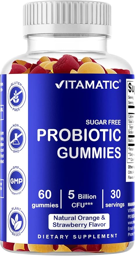 Vitamatic Sugar Free Probiotic Gummies for Men and Women – 5 Billion CFUs - 60Gummies per Bottle | 2 Pack (120 Gummies) Digestive, Immune & Gut Health Support – Gluten Free