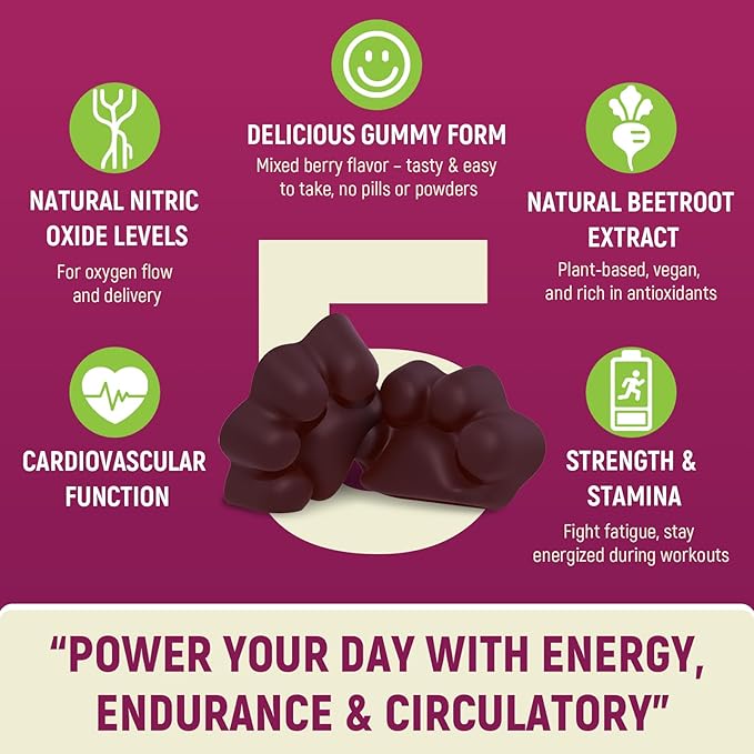 Beet Root Gummies 6000mg – Nitric Oxide Supplement with Grapeseed, Pomegranate, Vitamin C & B12 – Pre-Workout Energy, Endurance & Circulation – Sugar-Free Mixed Berry Flavor – 60 Gummies (2 Bottles)