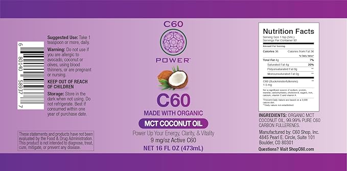 C60 Purple Power Organic MCT Coconut Oil, Organic Cold-Pressed Coconut Oil, 99.99% Pure C60 Carbon Fullerenes (16 oz)