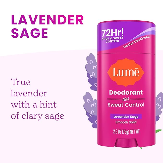 Lume Deodorant Plus Sweat Control - Smooth Solid Stick - Extra Strength Antiperspirant - 72 Hour Odor And Sweat Control - Baking Soda Free, Skin Loving - 2.6 ounce (Lavender Sage) Pack of 2