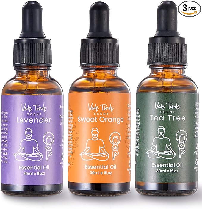 VTS Essential Oils - Lavender & Sweet Orange & Tea Tree, Premium Grade Essential Oils Set with Dropper for Diffusers, Humidifiers, Aromatherapy, Massage, Skin & Hair Care, 1 Fl Oz (Pack of 3)
