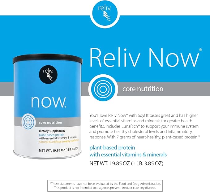 RELIV Now with Soy, Creamy Vanilla - Plant-Based Protein Shake with 7g Protein and Minerals, Dairy-Free, Gluten-Free, 30 Servings, 19.85 oz