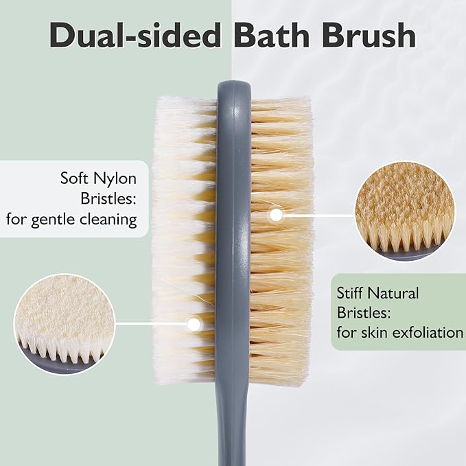 VANZAVANZU 17 Inch Back Scrubber for Shower, Anti-Slip Long Handle Shower Brush with Soft and Stiff Bristles, Exfoliating Bath Brush for Wet or Dry Brushing (Gray)