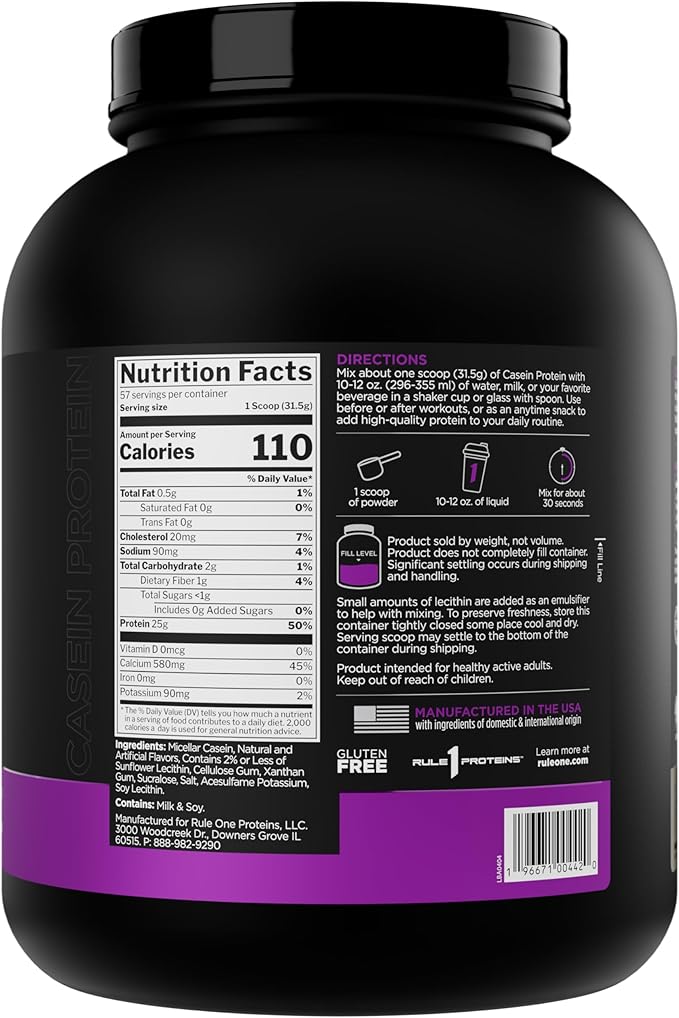 Rule 1 Casein Protein - 25g Protein and 11g EAAs Per Serving from Slow-Release Micellar Casein for Overnight Recovery and Sustained Delivery Between Meals (4 Pounds*, Vanilla Crème)