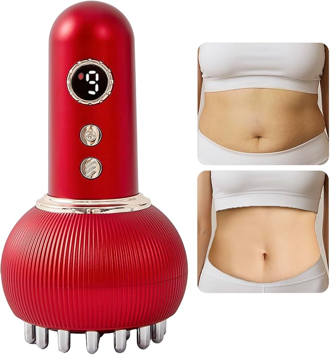 Lymphatic Drainage Massager & Anti Cellulite Massage Tool, Reduce Stretch Marks & Cellulite, for Legs, Arms & Belly, Body Sculpting Machine with Microcurrent, Light, Heat & Vibration (Red)