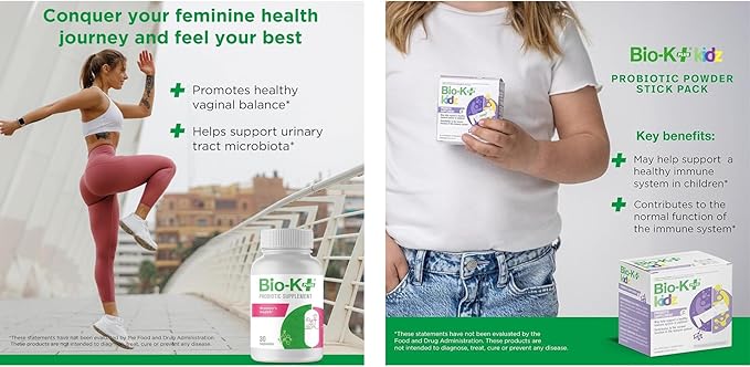Bio K+ Women's Health Probiotic Bundle – Vaginal & Urinary Tract Support 2B CFU + Daily Probiotic for Kids with Limosilactobacillus fermentum LC40®, Vitamin D3, 28 Packets, Non-GMO, Gluten-Free