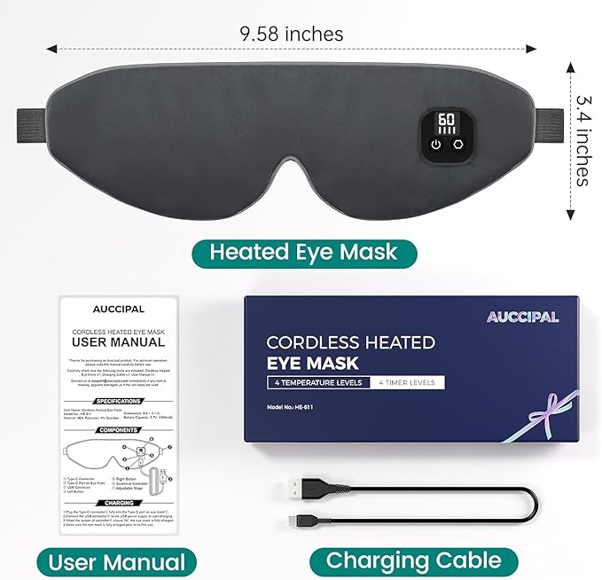 Heated Eye Mask, Cordless Warm Eye Compress for Stye Blepharitis Chalazion MGD, Washable & Detachable Eye Heating Pad for Dry Eyes, 4 Temperature Levels & 4 Timer Levels
