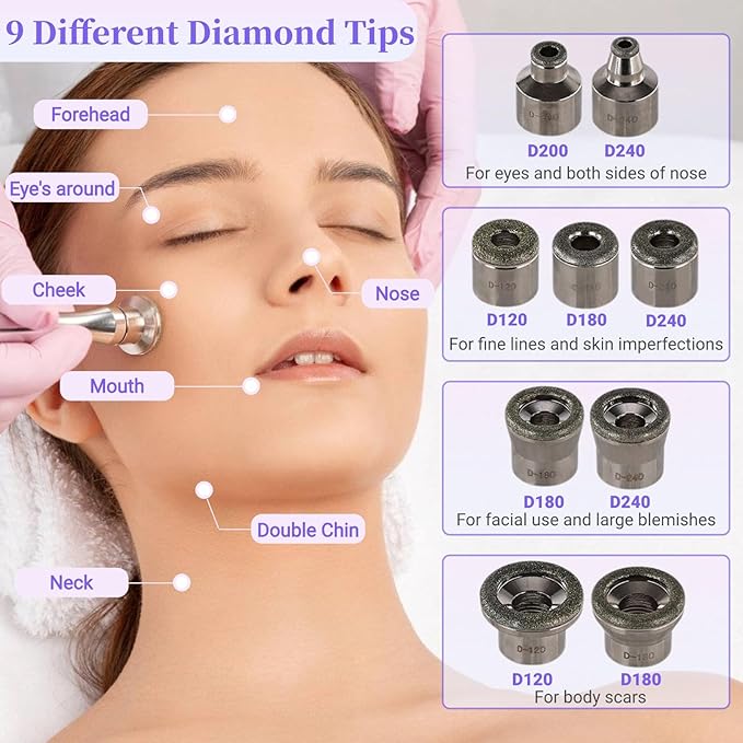 Diamond Microdermabrasion Machine, 64cmHg Suction Power Professional 3 in 1 Dermabrasion Facial Skin Care Device with Spray Bottle and Vacuum Glass Tube, Beauty Equipment for Salon Personal Home Use