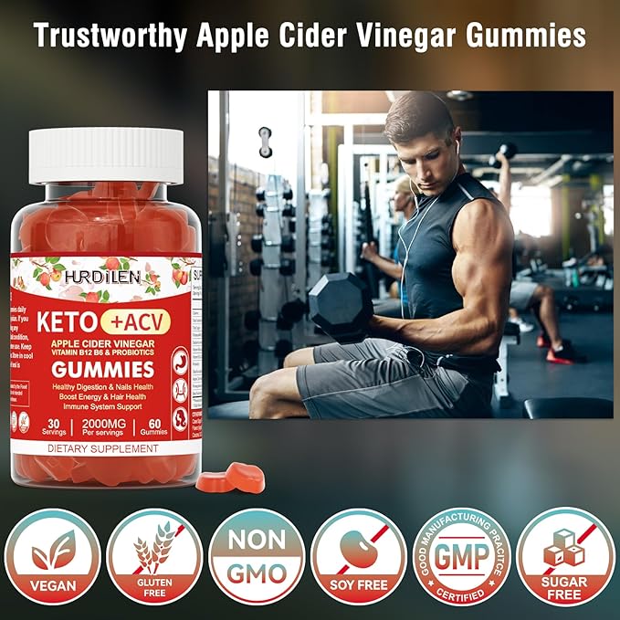 Keto ACV Gummies - 2000mg Apple Cider Vinegar Gummies with Probiotics, Vitamin B12 & B6 for Digestion, Energy Boost, Immunization & Hair Health - 60 Count No Sugar, Non-GMO, Gluten-Free for Women Men