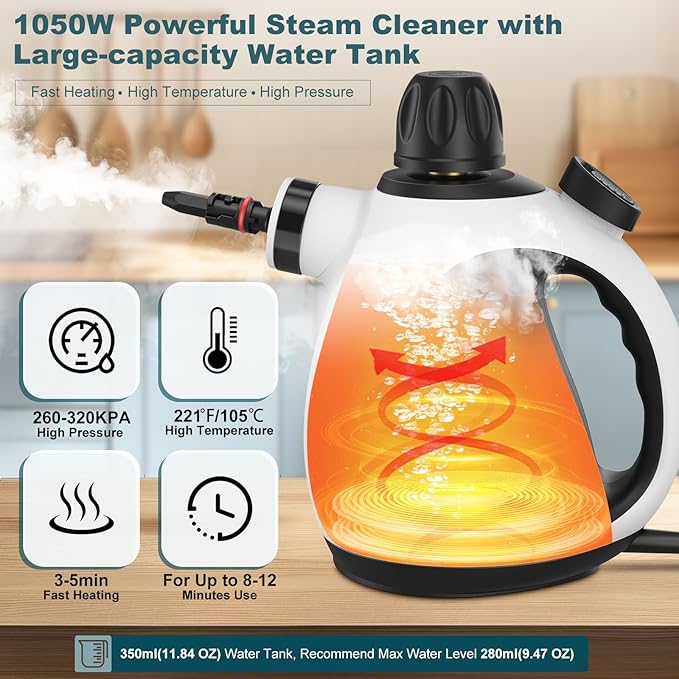 Handheld Steam Cleaner, Powerful Pressurized Steam Cleaner with Safety Lock & 14 Cleaning Accessories,Multi-Surface Natural Steam Cleaner for Home Car, Furniture, Grout, Upholstery, Couch