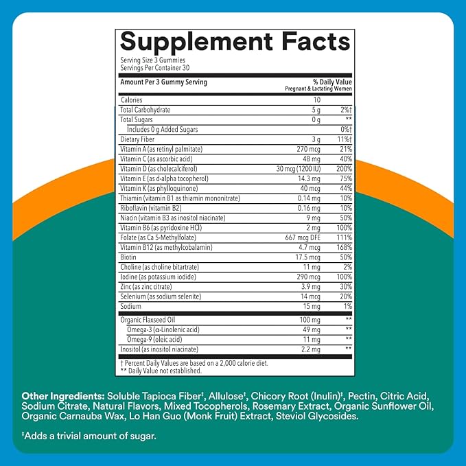 SmartyPants Zero Sugar Prenatal Multivitamin Gummies: Choline, Methylfolate, Omega 3 (ALA), Vitamin D3, C, Vitamin B12, B6, A, K, Zinc, Biotin, Gluten Free, No Sugar Alcohols, 90 Count (30 Day Supply)
