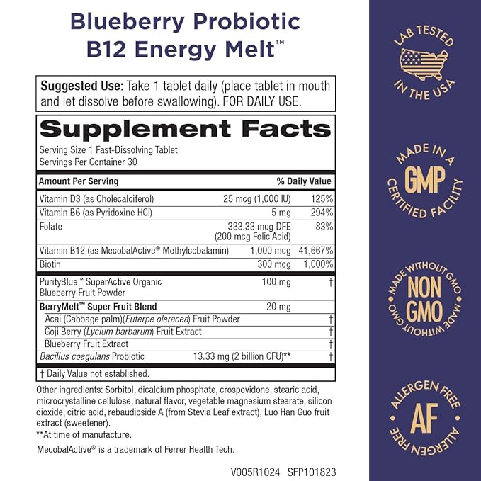 Purity Products Blueberry Probiotic B12 Energy Melt Clinical Probiotic - Organic Blueberries, Methylcobalamin B-12-30 Melts