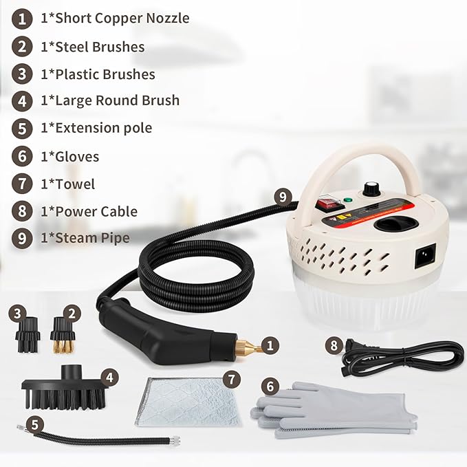 Steam Cleaner,10s Heat-Up,1.4L Tank,6 Level Adjustable Steamer,2500W Steamer for Cleaning,Portable Handheld Steamer with 12PCS Accessories,Suit for Home,Car,Dirt,Grease,Grout,Tile,Couch(White)