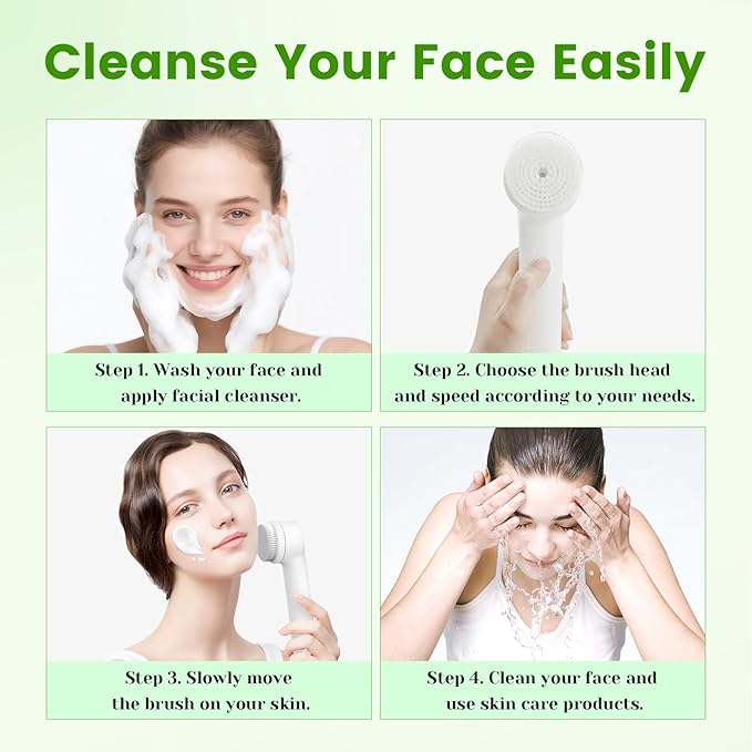 Rechargeable Face Scrubber, Electric Facial Cleansing Brush with Exfoliator and Sponge Brushheads, 3 Speeds Face Wash Brush, Gentle face exfoliator Brush for Men Women