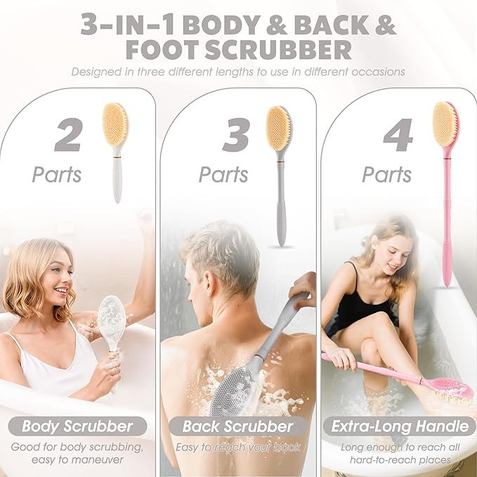 New Back Scrubber Anti-Slip for Shower, 18.9‘’ Adjustable Shower Back Scrubber with Dual-Side Head & Soft Bristles, Extra-Long Shower Brush Bath Brush for Lathering Cleansing(Gray-L)