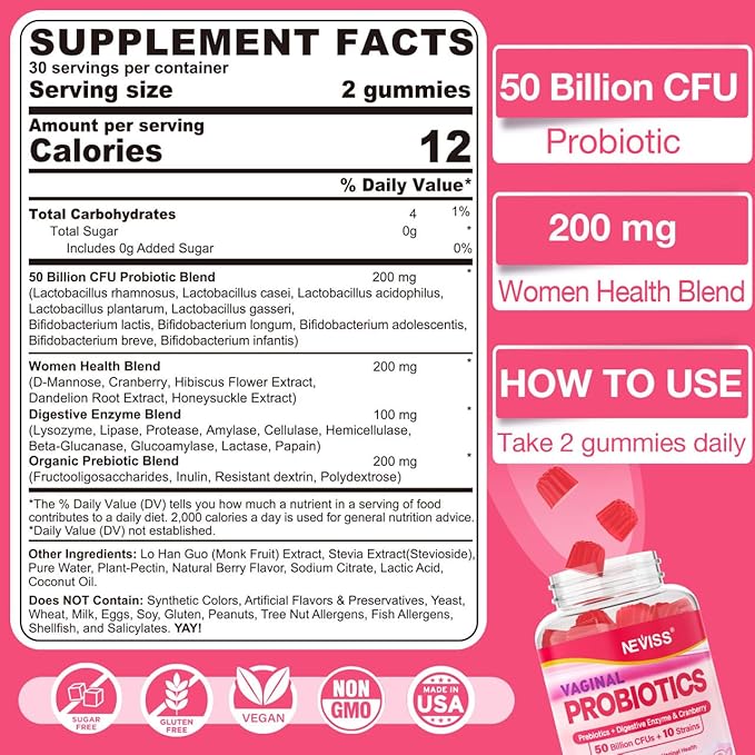 Vaginal Probiotics Gummies for Women PH Balance, Odor Control with Prebiotics, Cranberry, D-Mannose, Promotes Feminine Healthy Vaginal Flora, Urinary Tract, Yeast, Digestive Support, Sugar Free,120Cts